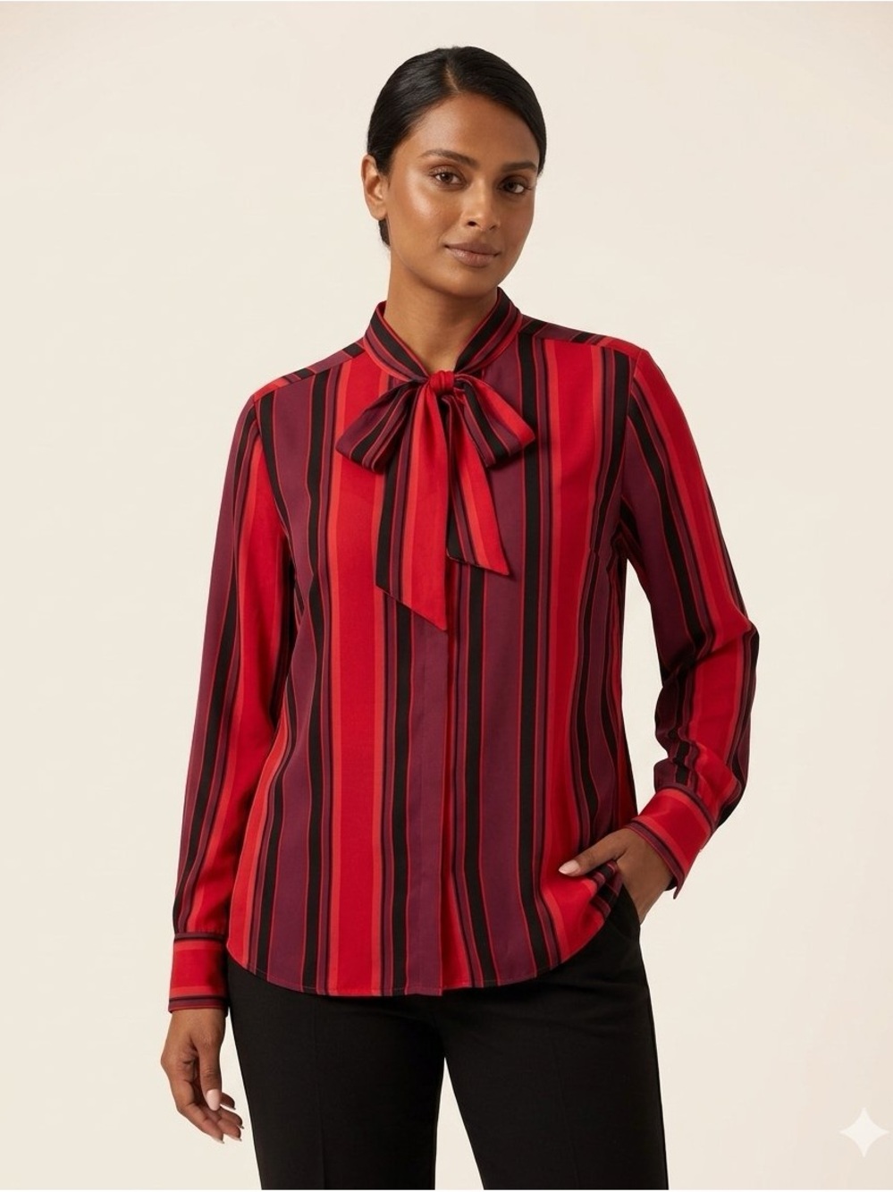 Liz Claiborne Red and Burgundy Striped Tie-Neck Blouse